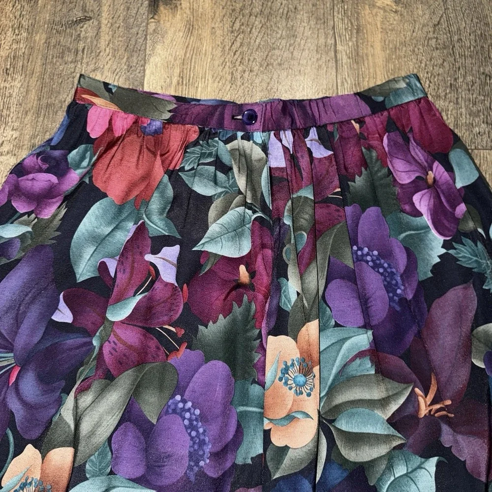 Vintage Alfred Dunner Midi Skirt Womens Sz 8 Bright Floral Dark Romantic USA‎